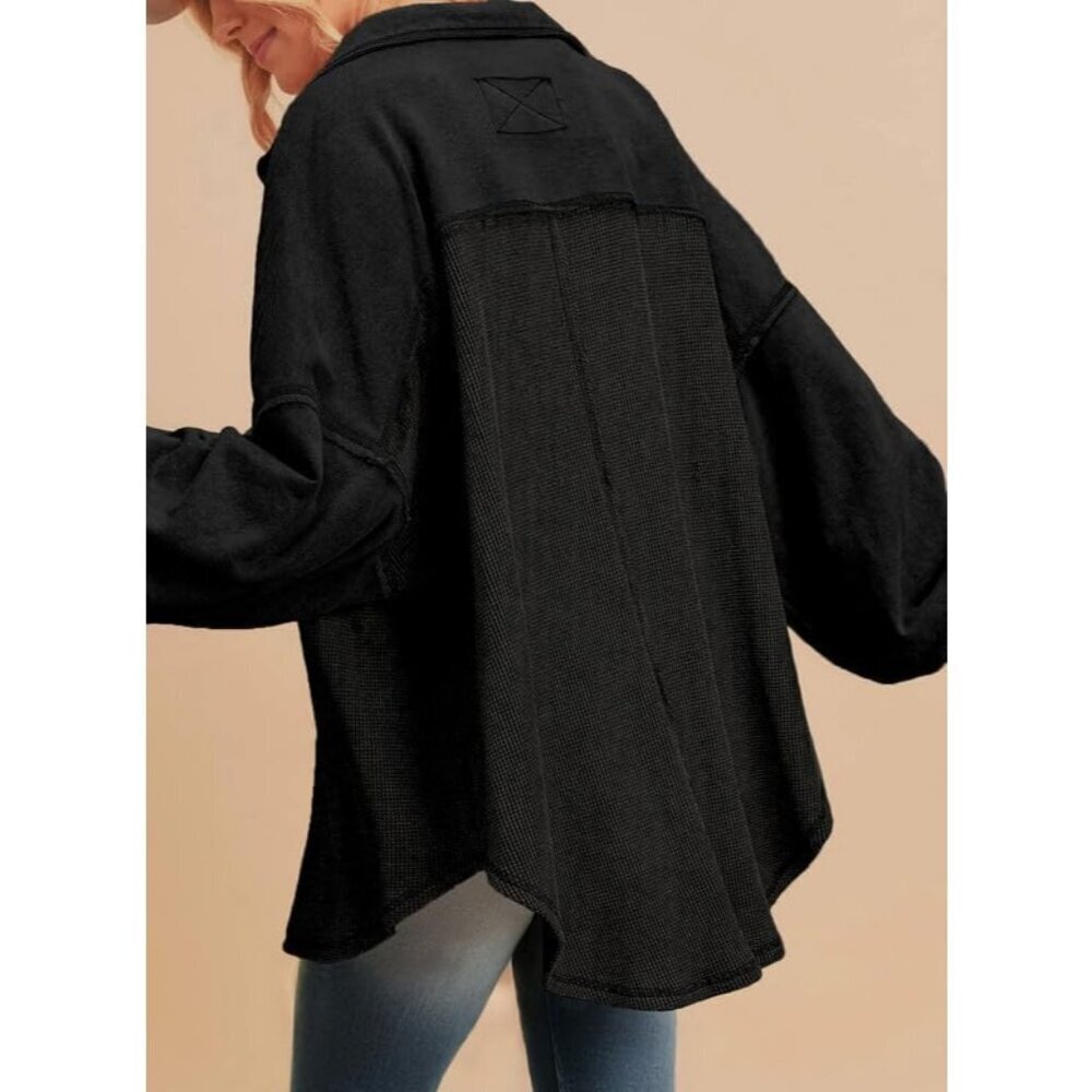 Women's Knit Loose Long Sleeve Black Fashion Button Down Shirt Jacket Tops - Picture 5 of 7
